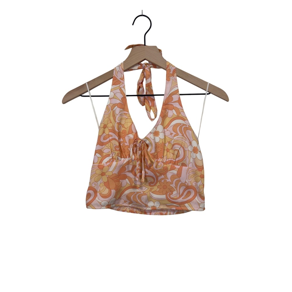 Hollister Womens Orange Floral Psychedelic Halter Crop Top Small Retro 70s Vibe